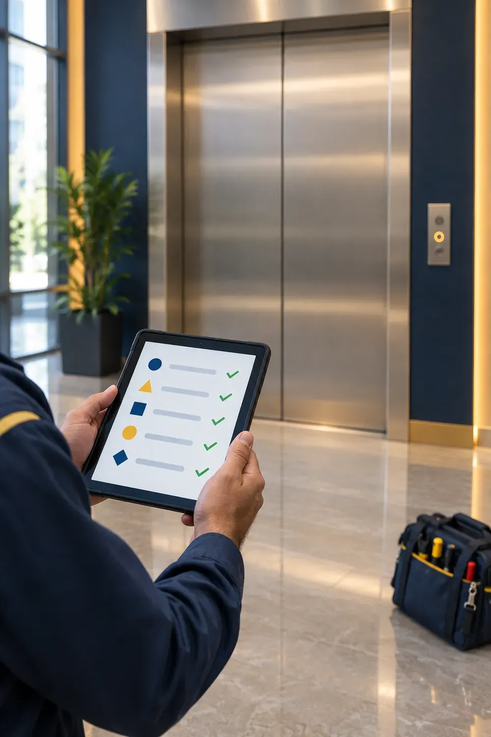 Service technician with a tablet beside closed stainless steel lift doors