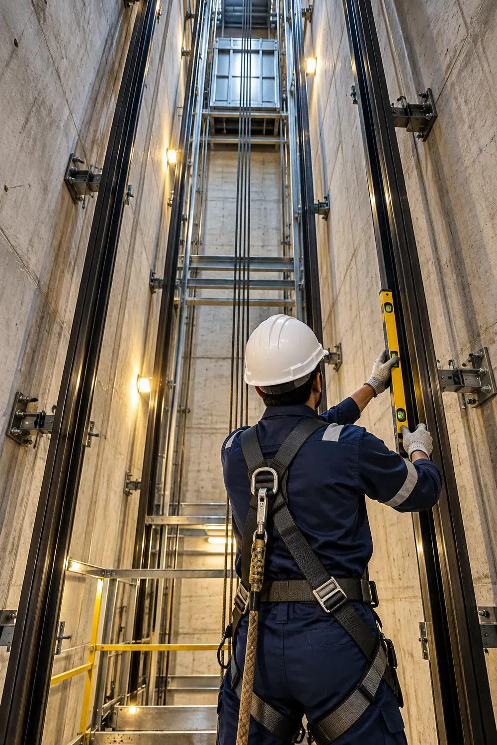 Lift technician in safety gear aligning guide rails inside an elevator shaft