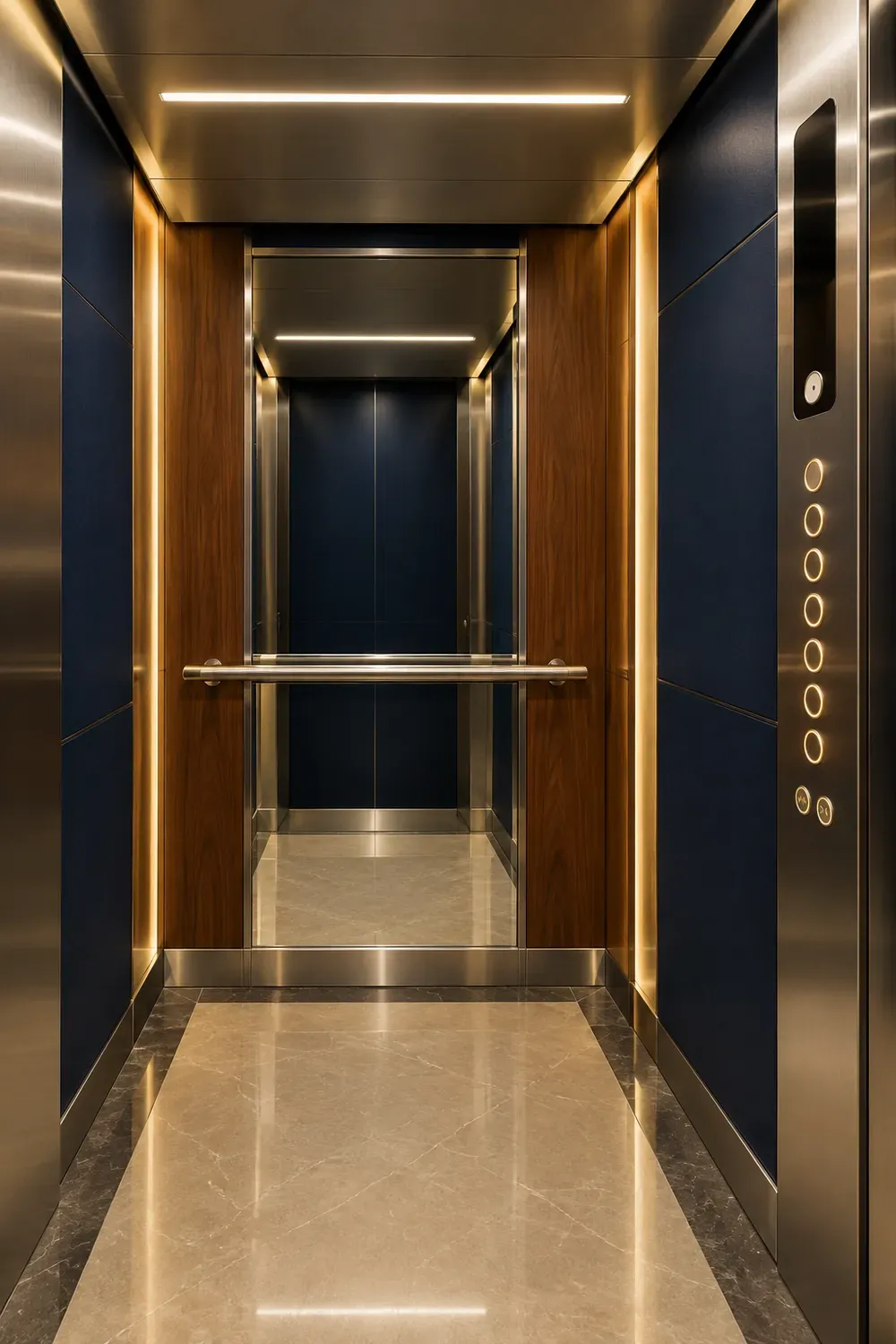 Modernised elevator cabin with warm lighting and a sleek steel button panel