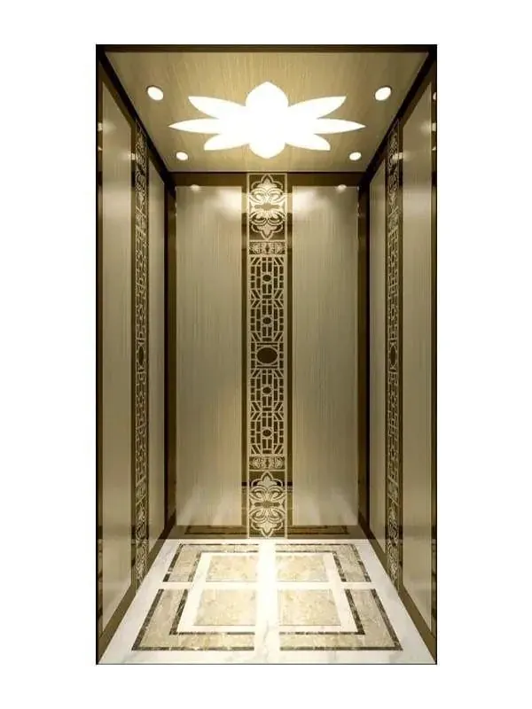 Champagne cabin with a lotus ceiling light and patterned stone floor