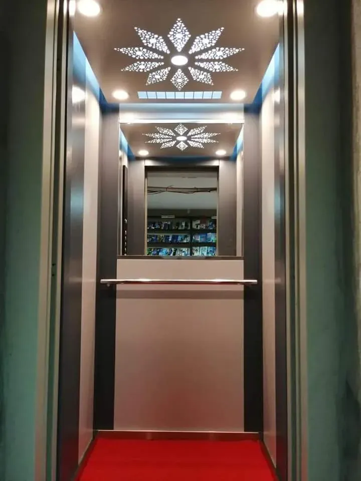Stainless cabin with a starburst ceiling, mirror rear wall and handrail