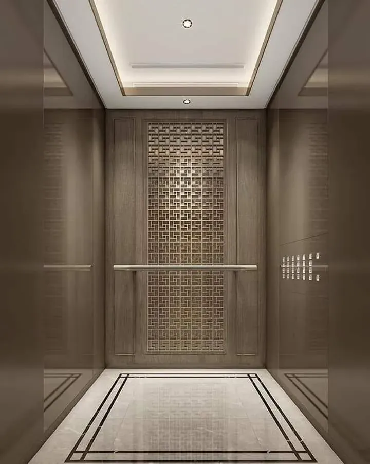 Wood-tone cabin with a lattice feature panel and marble floor border