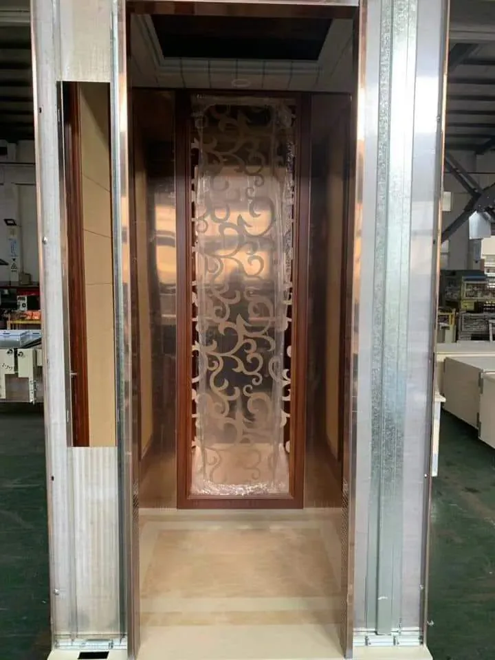 Compact home lift cabin with an etched bronze rear panel