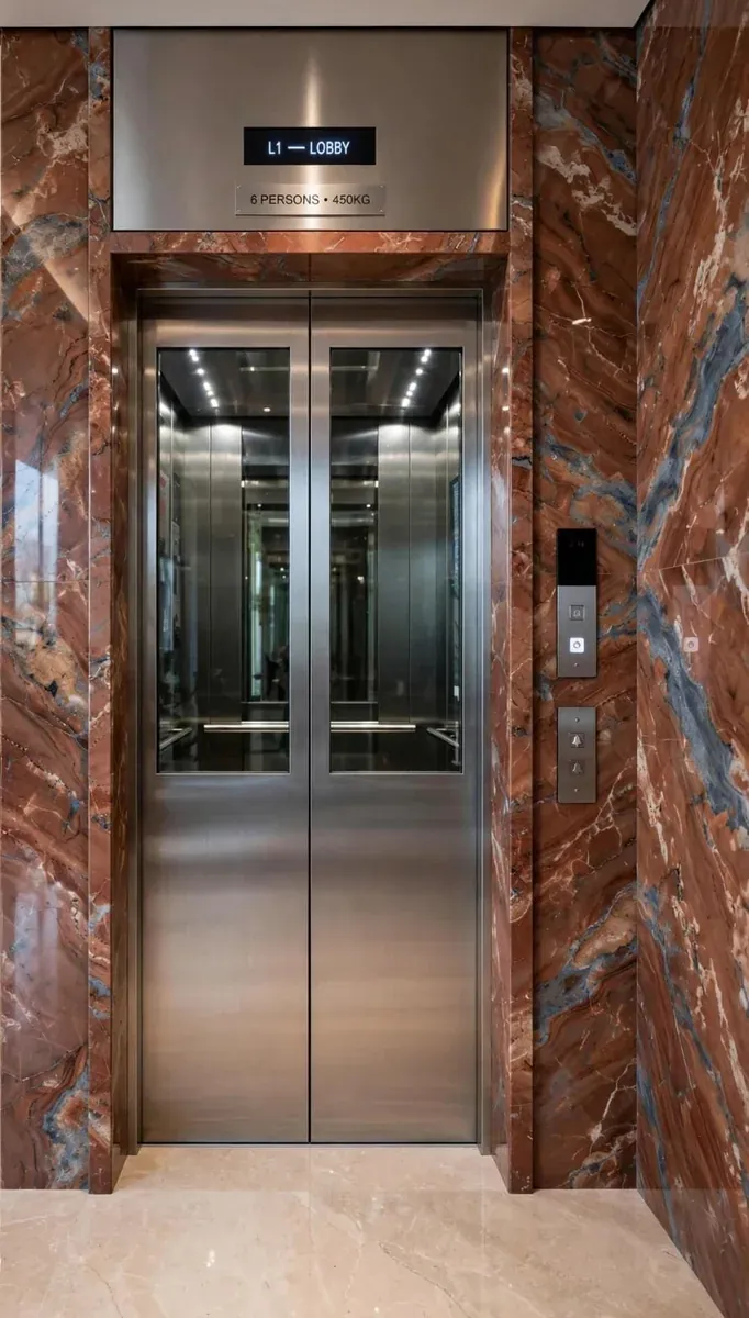 Stainless steel landing doors in a red marble lobby surround