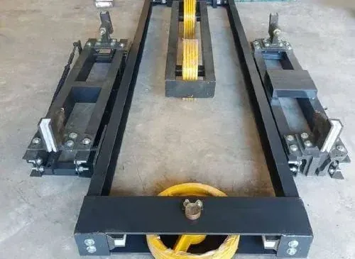 Elevator car frame with sling and safety components ready for installation